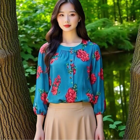 Anthropologie Maeve NWOT Kalas Teal Henley Floral Woven Blouse Size Medium - Picture 8 of 8